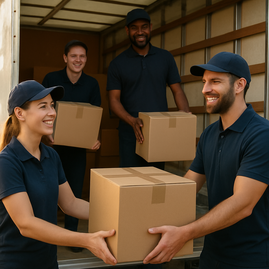 The J Premiere Moving crew loading boxes into a truck